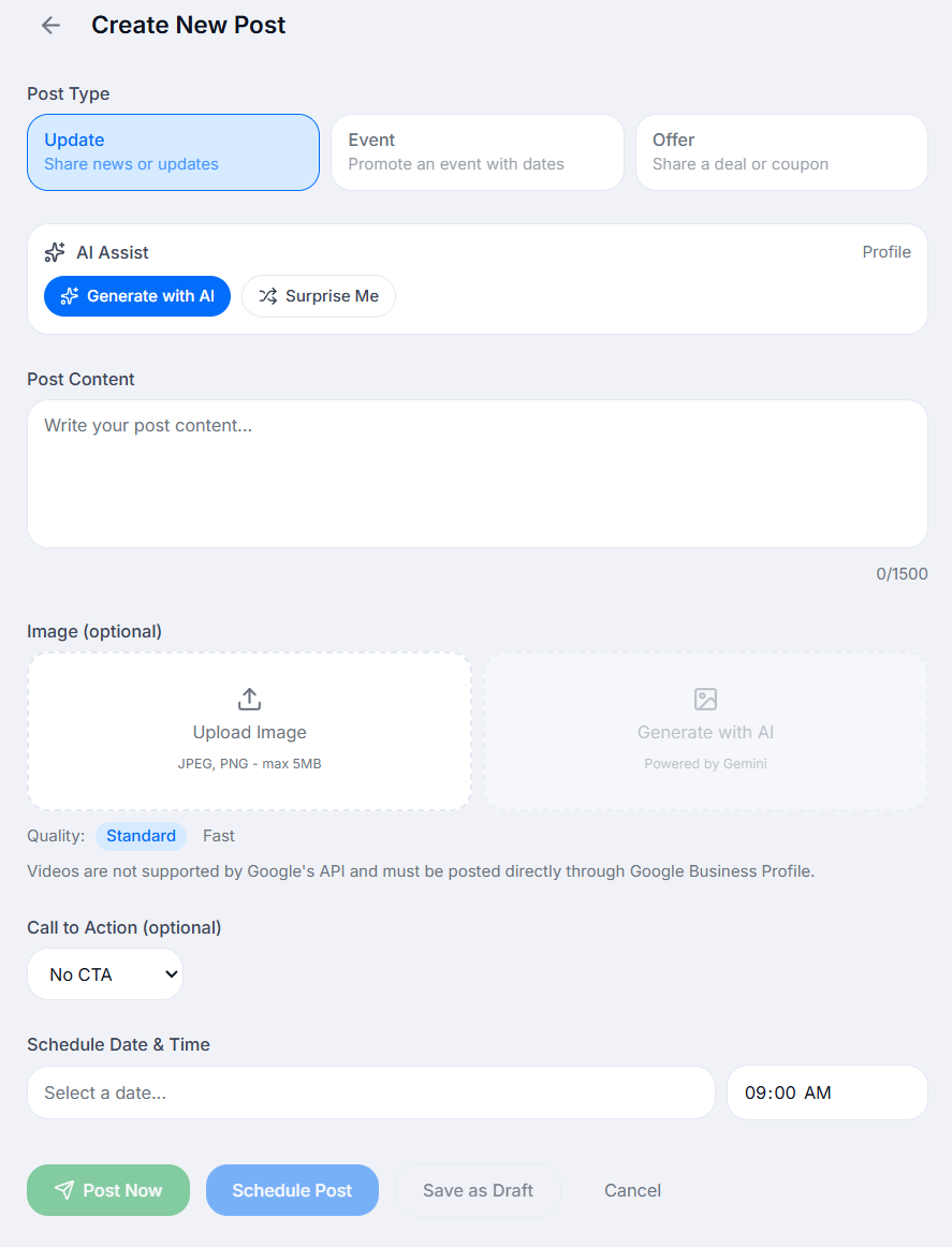 Single Google Business Profile post composer with an AI-written local SEO caption, an on-brand AI-generated image sized for GBP, a call-to-action button selector, and a live Google Search and Maps preview of the finished post